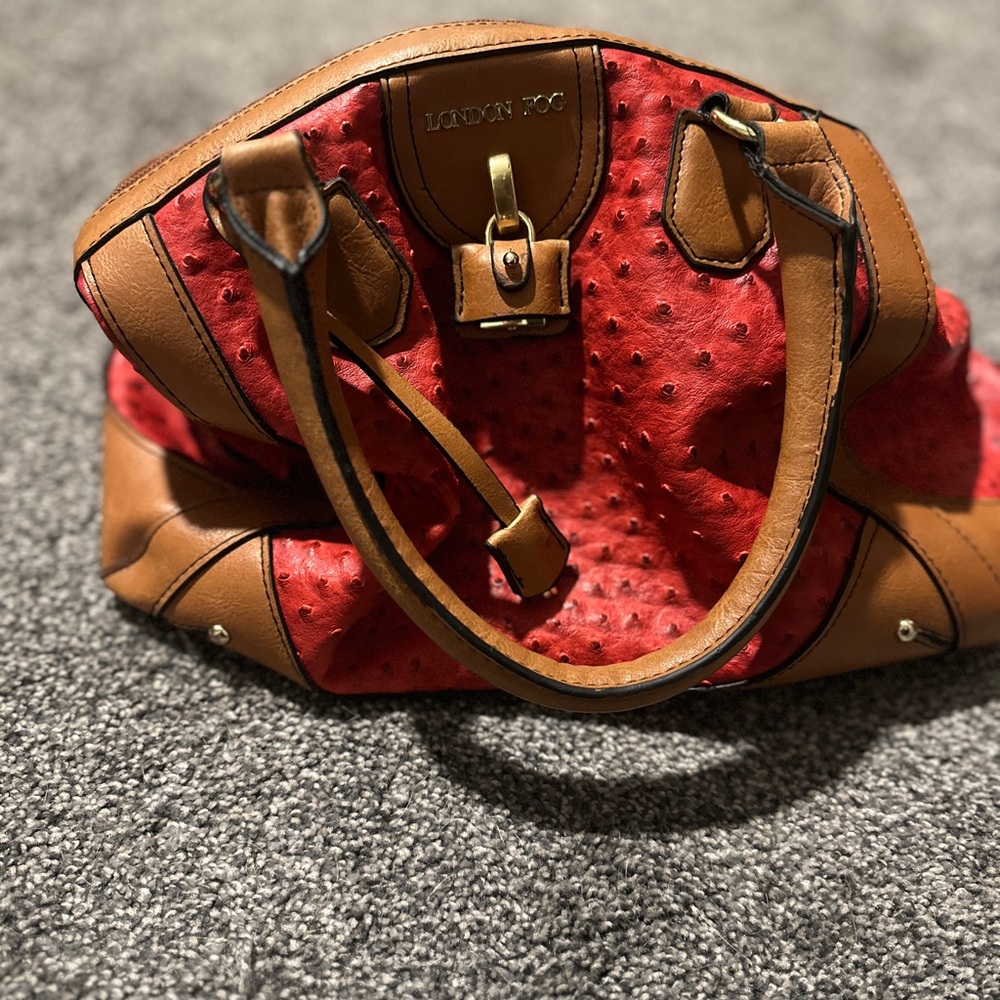 London Fog Red and Brown Tote Bag with Structured Handles
